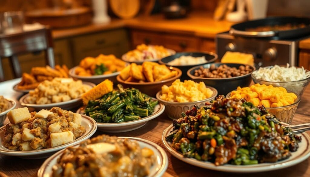 Delicious southern-style soul food side dishes, served on a rustic wooden table in a cozy, warm-lit kitchen. In the foreground, meticulously plated collard greens, buttery mashed potatoes, creamy mac and cheese, and golden cornbread, all glistening with a hint of butter. The middle ground features a platter of crispy fried okra, a bowl of tangy coleslaw, and a sizzling skillet of sautéed kale. In the background, a glimpse of a cast-iron pot of slow-cooked black-eyed peas, their savory aroma filling the air. The lighting is soft and inviting, casting a golden glow over the spread, evoking the comforting and indulgent nature of this classic southern cuisine.