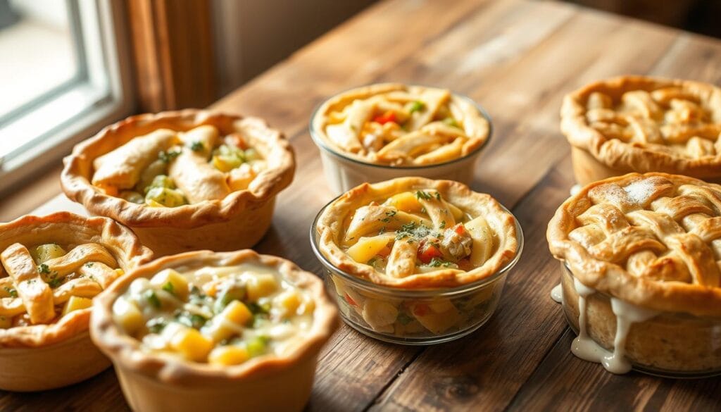 Freshly baked chicken pot pies in a variety of customized shapes and sizes, showcased on a rustic wooden table. A selection of unique crusts, from flaky golden-brown to intricate lattice designs, adorn the individual servings. Vibrant veggie-filled interiors are visible through transparent glass lids, inviting the viewer to imagine the rich, savory flavors. Soft, diffused lighting from a nearby window casts a warm glow, highlighting the homemade, artisanal quality of these personalized comfort food creations. A sprinkle of herbs and a drizzle of creamy sauce complete the mouthwatering presentation, inspiring the viewer to try their own custom chicken pot pie variations. Freshly baked chicken pot pies in a variety of customized shapes and sizes, showcased on a rustic wooden table. A selection of unique crusts, from flaky golden-brown to intricate lattice designs, adorn the individual servings. Vibrant veggie-filled interiors are visible through transparent glass lids, inviting the viewer to imagine the rich, savory flavors. Soft, diffused lighting from a nearby window casts a warm glow, highlighting the homemade, artisanal quality of these personalized comfort food creations. A sprinkle of herbs and a drizzle of creamy sauce complete the mouthwatering presentation, inspiring the viewer to try their own custom chicken pot pie variations.