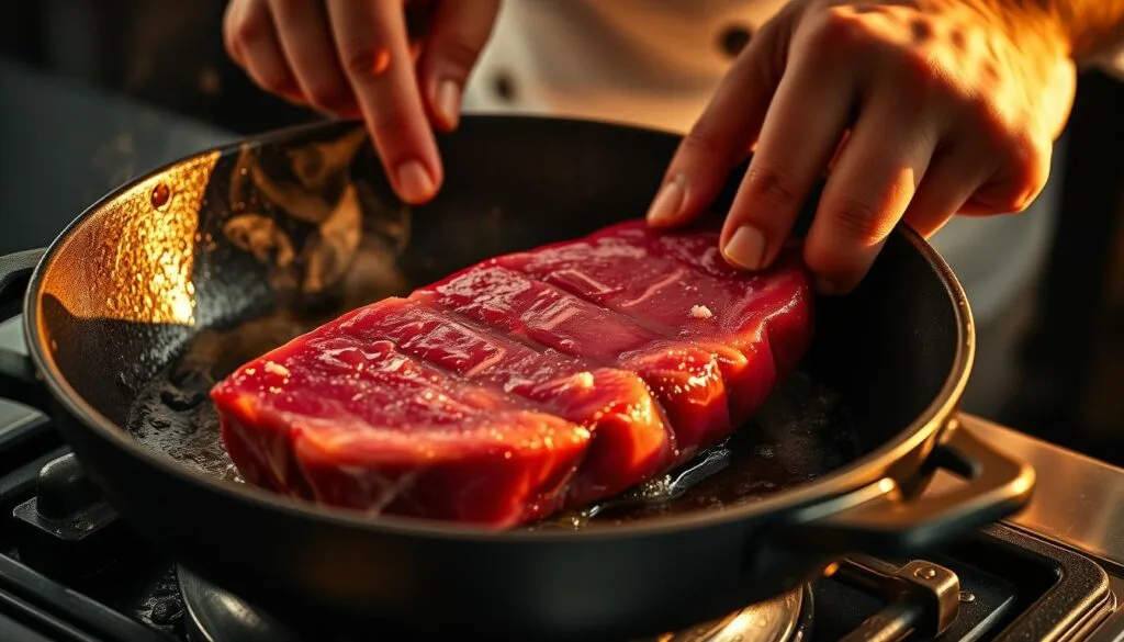 Pan-seared tuna steak cooking technique