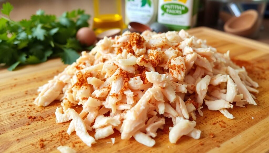 Shredded chicken, lightly seasoned with a blend of cumin, chili powder, garlic, and onion, resting on a wooden cutting board. The chicken is torn into tender, bite-sized pieces, ready to be incorporated into a rich, flavorful enchilada filling. Warm lighting casts a cozy glow, highlighting the shredded texture and vibrant colors of the chicken. In the background, a selection of fresh herbs and spices stands ready to add depth and complexity to the dish. The scene conveys a sense of preparation and anticipation, inviting the viewer to imagine the aromatic and satisfying enchiladas to come.