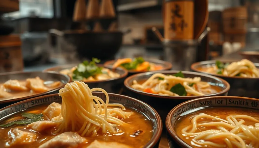 Steaming bowls of savory egg noodle soup varieties, bathed in a rich, aromatic broth. In the foreground, delicate strands of hand-pulled noodles, glistening with condensation, alongside tender chicken morsels and vibrant vegetables. The middle ground features a medley of noodle styles - curly ramen, flat udon, and thin vermicelli - each offering a unique texture and bite. In the background, a glimpse of a traditional Asian kitchen, with hanging bamboo steamers and a cast-iron wok, setting the scene. Warm, diffused lighting casts a comforting glow, inviting the viewer to dive into this soothing culinary experience. Masterfully composed, this image captures the essence of the best noodle options for a truly satisfying chicken noodle soup. Steaming bowls of savory egg noodle soup varieties, bathed in a rich, aromatic broth. In the foreground, delicate strands of hand-pulled noodles, glistening with condensation, alongside tender chicken morsels and vibrant vegetables. The middle ground features a medley of noodle styles - curly ramen, flat udon, and thin vermicelli - each offering a unique texture and bite. In the background, a glimpse of a traditional Asian kitchen, with hanging bamboo steamers and a cast-iron wok, setting the scene. Warm, diffused lighting casts a comforting glow, inviting the viewer to dive into this soothing culinary experience. Masterfully composed, this image captures the essence of the best noodle options for a truly satisfying chicken noodle soup.