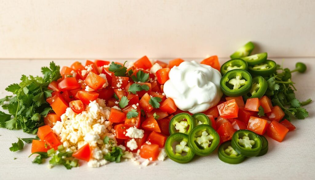 Vibrant and appetizing arrangement of colorful enchilada toppings, meticulously styled against a soft, neutral background. In the foreground, a variety of sliced ingredients - fresh cilantro, diced tomatoes, crumbled queso fresco, tangy sour cream, and zesty sliced jalapeños - artfully scattered to create an inviting visual feast. The middle ground features a subtly textured surface, allowing the vivid colors and textures of the toppings to take center stage. Warm, natural lighting casts a gentle glow, enhancing the overall appetizing quality of the scene. Captured at a slightly elevated angle to showcase the varied shapes and forms of the toppings, creating a visually compelling and mouthwatering image.